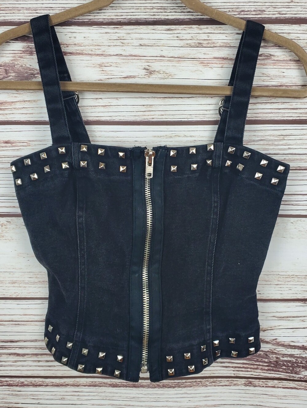 Tripp NYC Womens Small Black Studded Denim Jean Zip Front Cami Top